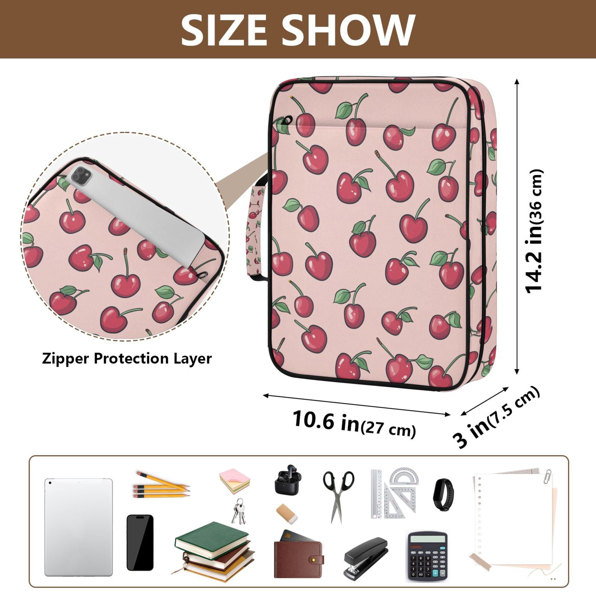 FORMRS Accordion File Folder A4 Size 7-Pocket Expanding Document Organizer Bag with 3 Ring Binder, Cherries Pattern