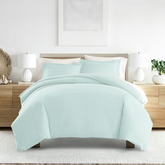 Noble Linens Light Blue Puffed Chevron Print 3-Piece Duvet Cover Set, Full/Queen