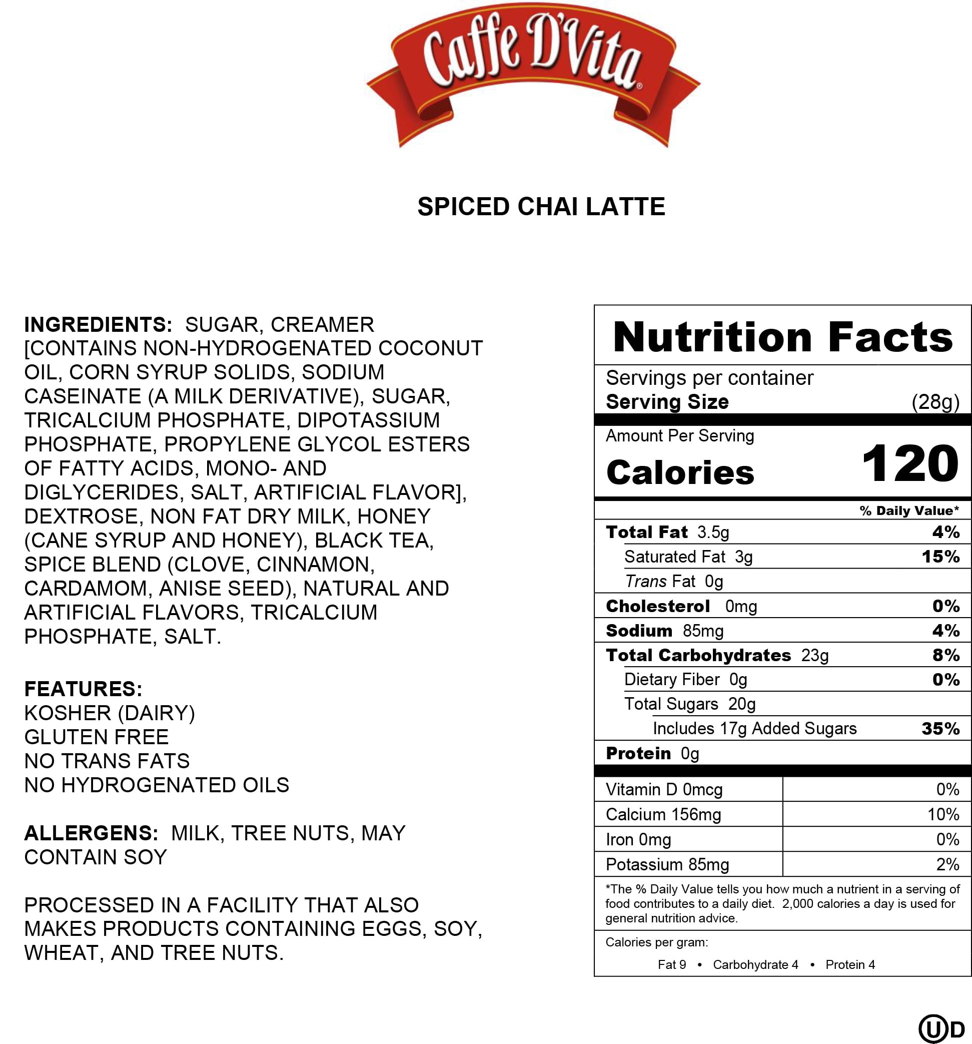 (4 Pack) Caffe D'Vita Spiced Chai Tea Latte Mix, 2lb canisters