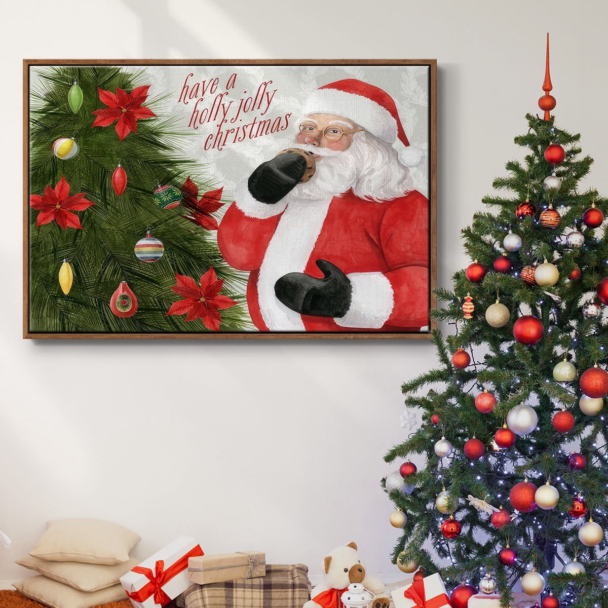 Arose Such a Clatter Collection A - Framed Gallery Wrapped Holiday Canvas - 17 x 25 - Rosewood Frame