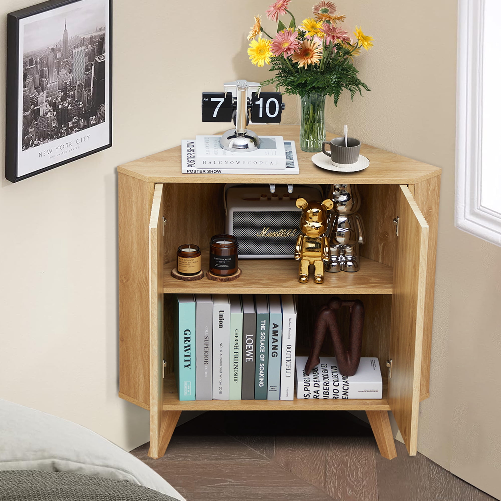 Weselon Wooden Triangular Bathroom Floor Corner Cabinet with Double Door, Freestanding Wooden Storage Cabinet Floor Organizer for Bathroom（Natural）