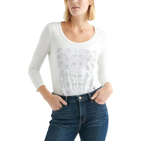 Lucky Brand | Mosaic Print Three Quarter Sleeve Tee | White | Size XS
