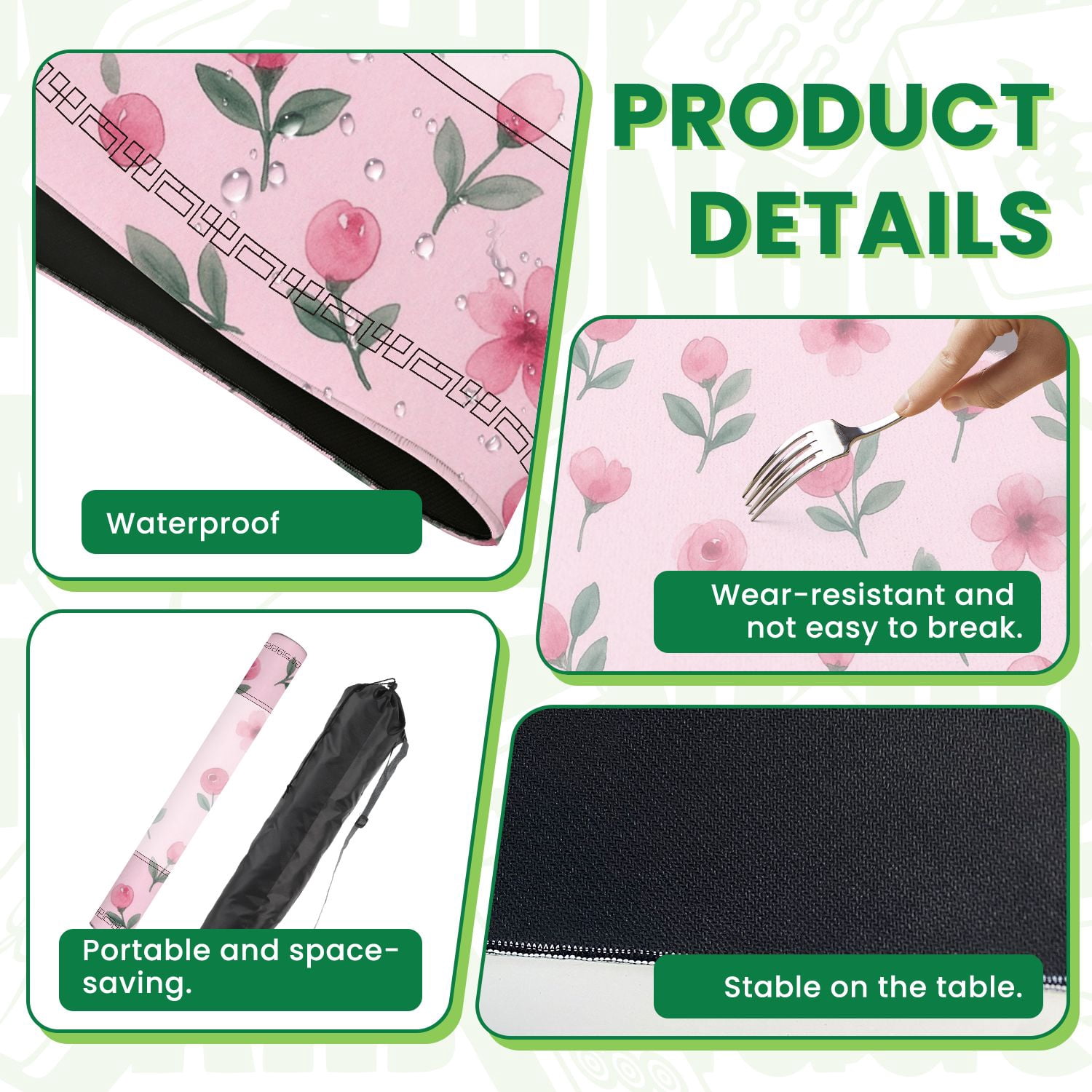 Mahjong Mat 31.5" x 31.5" Soft Pink Watercolor Floral Green Leaves Non-Slip Noise Reduction American Mahjong Tiles Table Cover for Dominoes Poker Card Board Games Gift