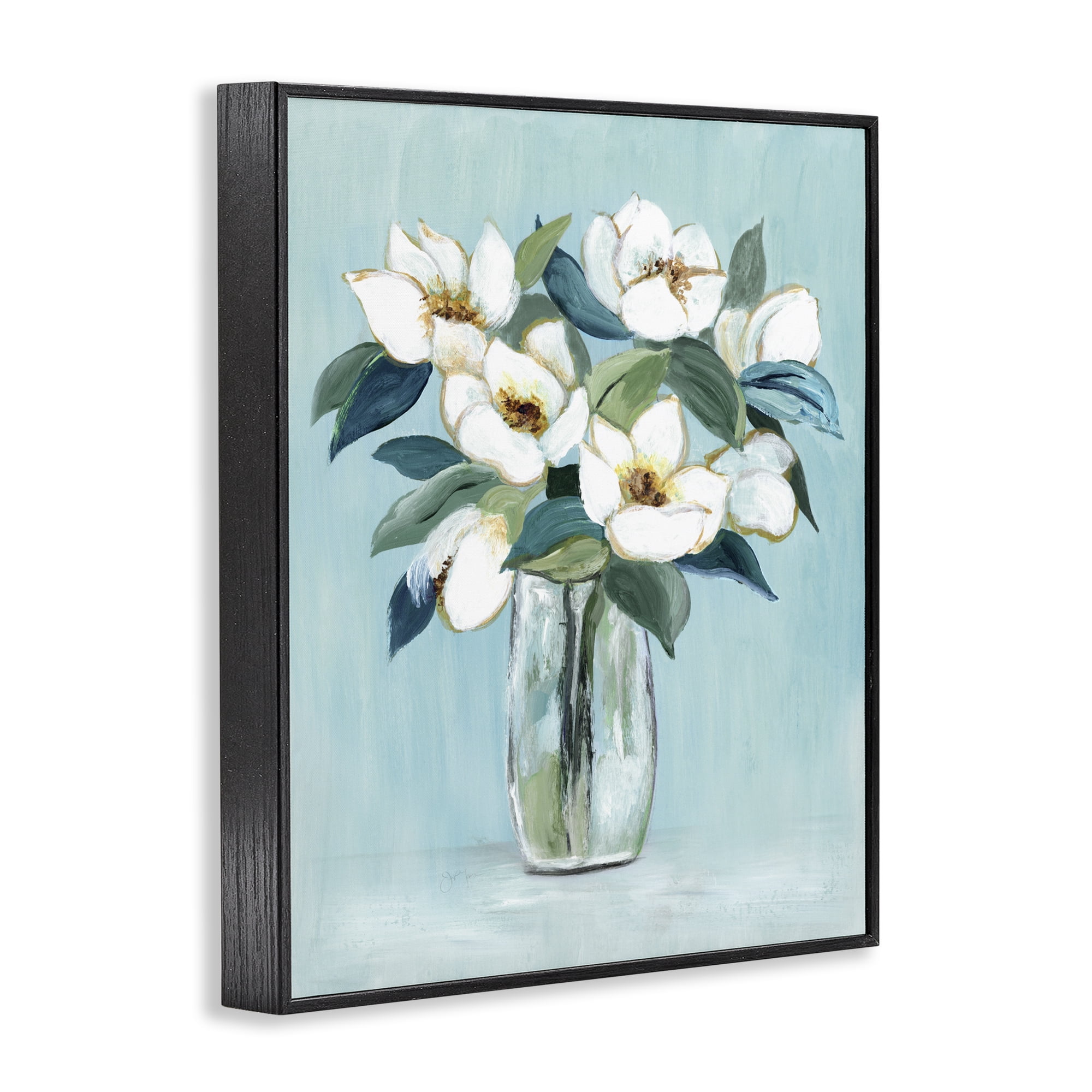 Stupell Industries Magnolia Blossoms on Blue Black Framed Giclee Art, design by Janet Tava