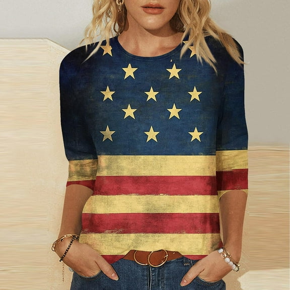 Womens Summer Tops under $5! Xqxayjr 4th of July Shirts for Women 3/4 Length Sleeve Tunic Tops Patriotic American Flag Graphic Blouses Shirt Independence Day Gift Outfits Clothes