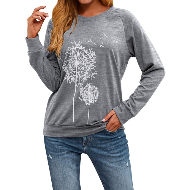 Women Dandelion Print Crew Neck Long Sleeve Sweatshirt