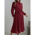 thumbnail image 3 of ZOELNIC Women's Mock Neck Long Sleeve Dress High Waist Belted Pleated Flowy A-Line Cocktail Party Maxi Dress, L, 3 of 7