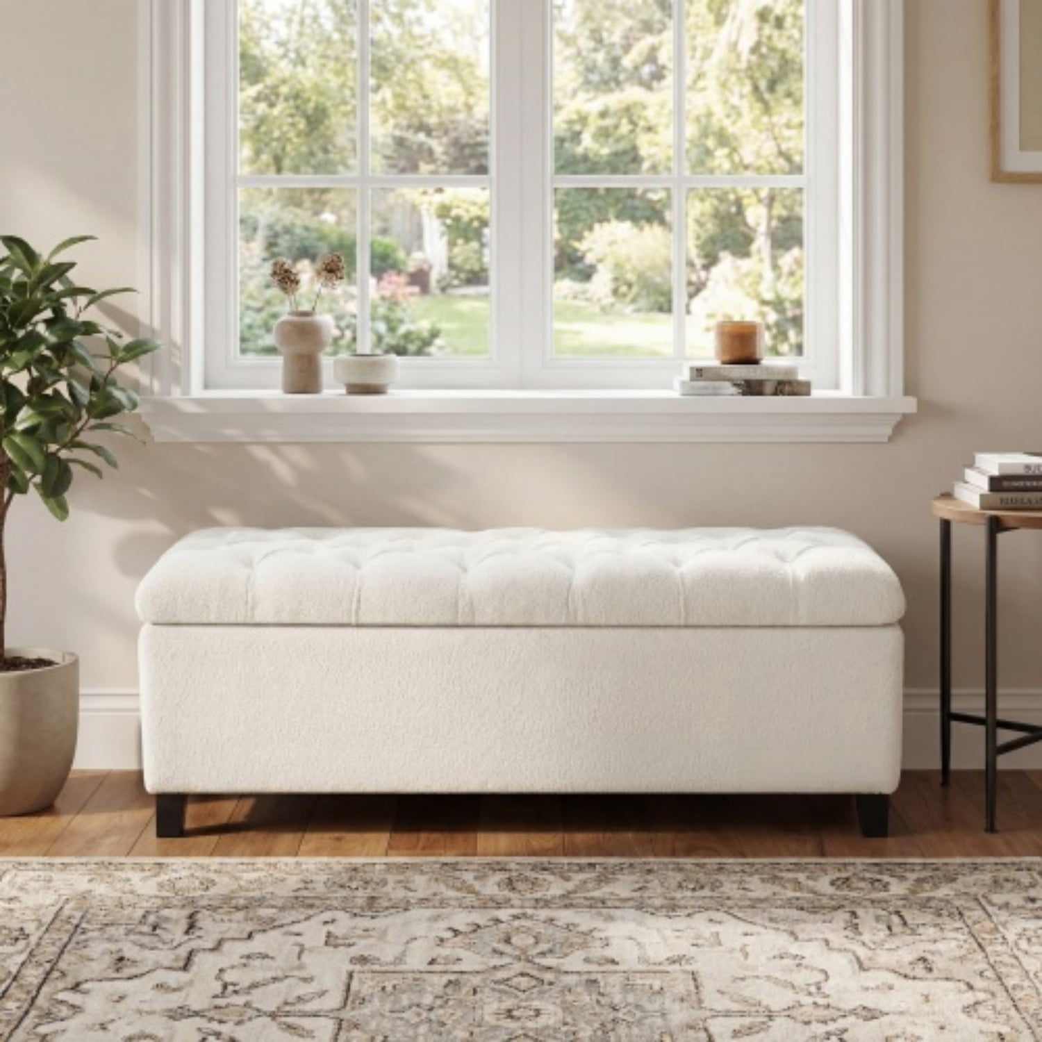 Storage Ottoman Bench with Hinged Lid, White PU Upholstered Entryway Bench with Rubber Wood Legs, Bedroom Living Room Bench, 300 lbs