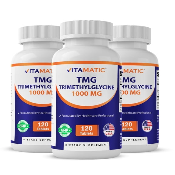 Vitamatic TMG Supplements 1000mg Trimethylglycine Betaine Anhydrous Non-GMO Gluten Free 3 Bottles 120 Tablets