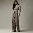 thumbnail image 4 of Women'S Striped 2 Piece Pants Outfits Long Sleeve Button Down Knit Top Set Leisure Vacation Brown M, 4 of 9