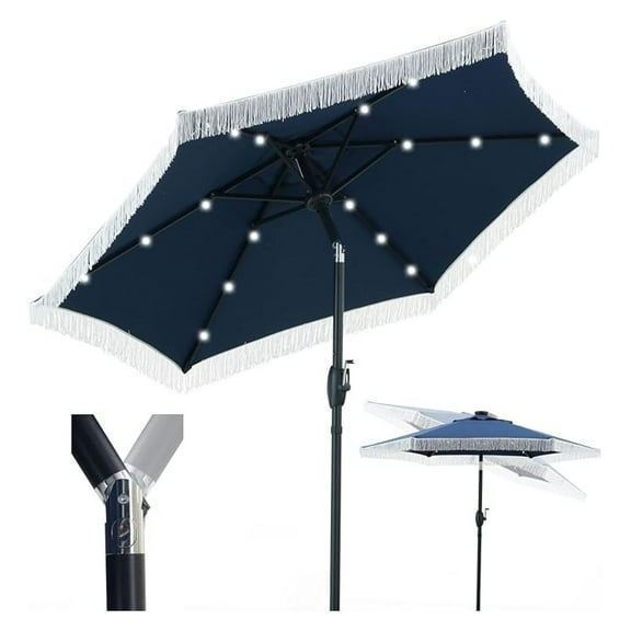 7.5 ft Fringe Patio Umbrella, Stylish Tassel Umbrella with 18 LED Solar Lights for Outdoor Shade and Illumination, Navy Blue