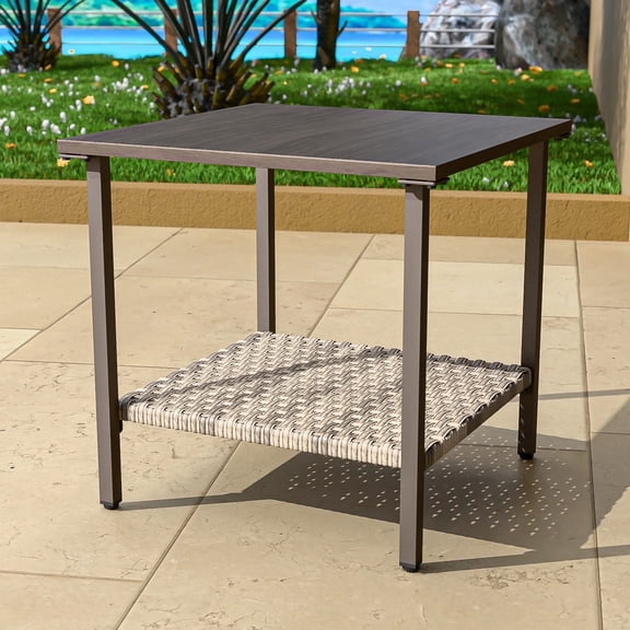 COOS BAY Aurora Terrace Outdoor End Table with Wood Grain Top, 2-Tier Wicker Storage Table with Metal Frame, Brown