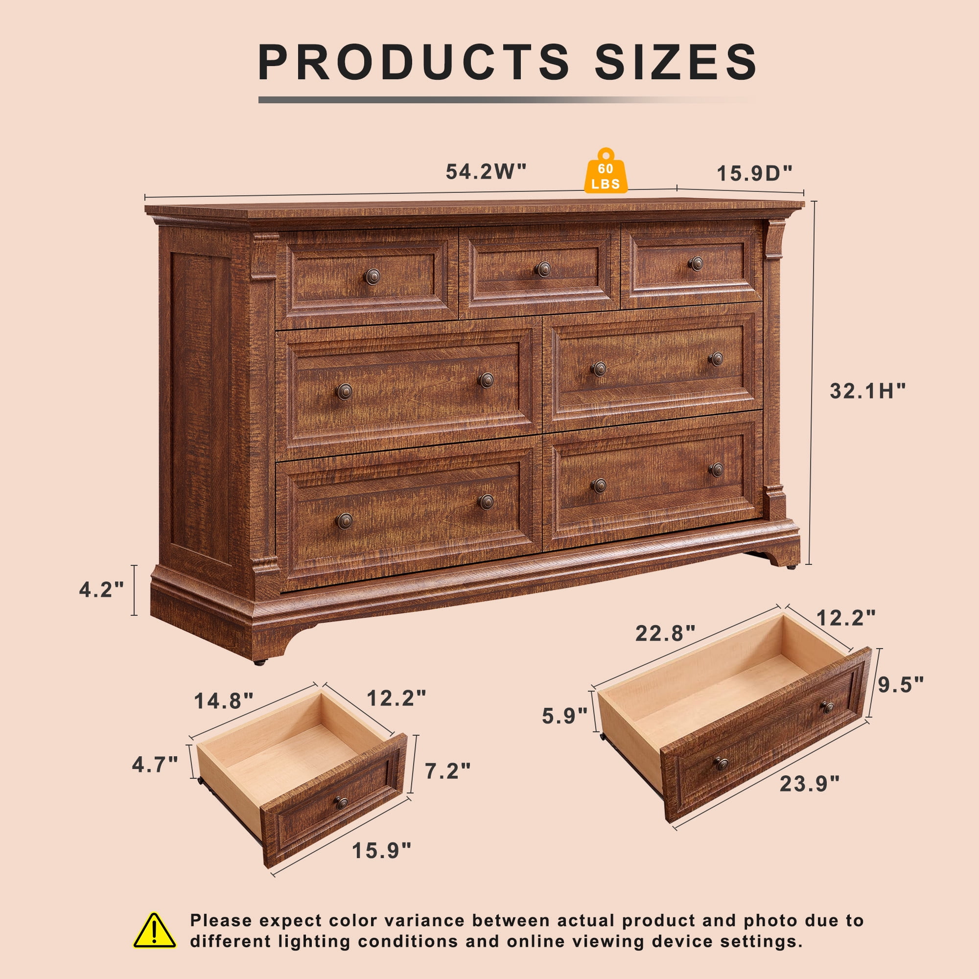 KeyWhat 54" Farmhouse 7-Drawer Dresser with Handles for Bedroom, Living Room , Hallway