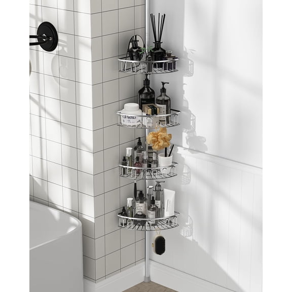 Corner Shower Caddy Tension Pole: Aluminum Shower Caddy Rod with Stainless Steel 4 Tier Adjustable Rustproof Shelves Organizer for Bathroom, 47-121 inch, No Drilling Quick Installation Heavy Duty