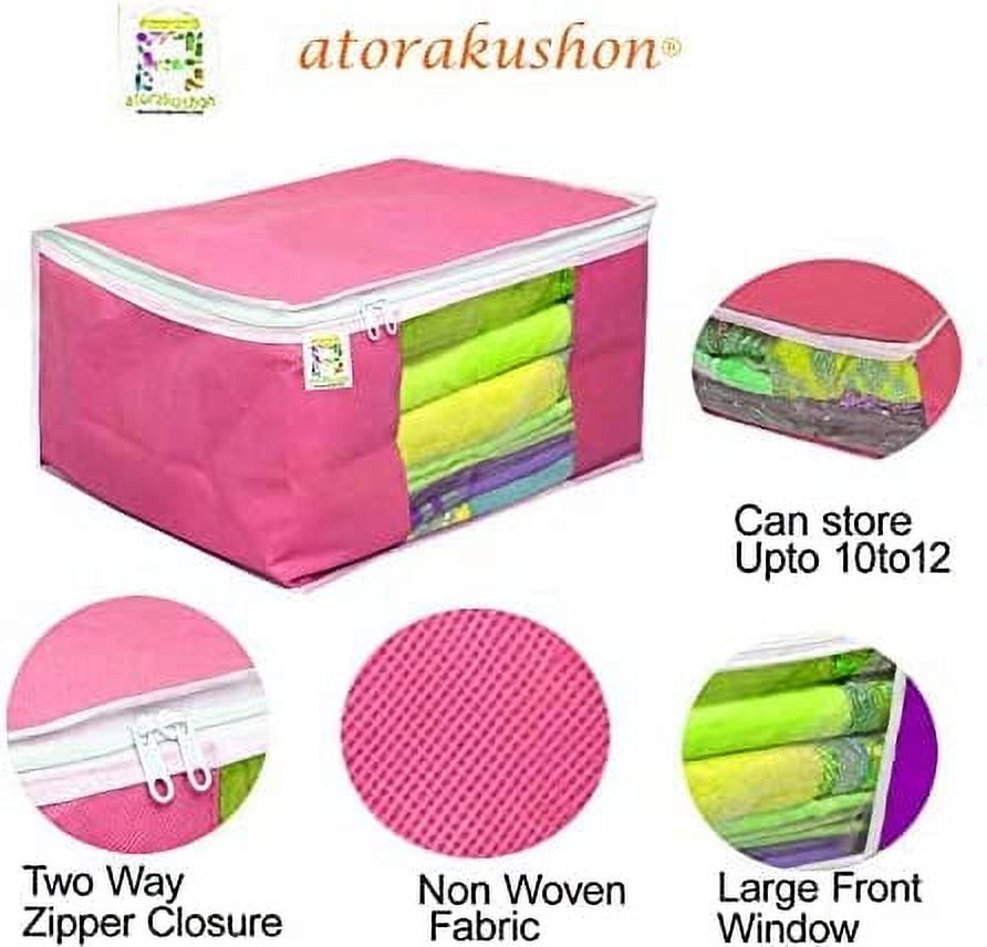 atorakushon Nonwoven Fabric 2 Saree and 2 Blouse Garments Clothing Storage Cover Bag Pouch Wardrobe Organizers with Clear Window view Zip Lock Pink