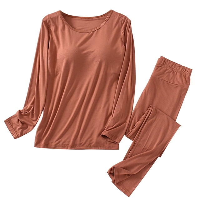 UAMVSH sous-Vêtements Thermiques pour Femmes Ensemble 2 Pcs Confortable Doux Hauts à Col Ras du Cou avec Caleçons Longs Ensemble de Pyjama Décontracté Couche de Base Ensembles avec Coussinets de Poitrine