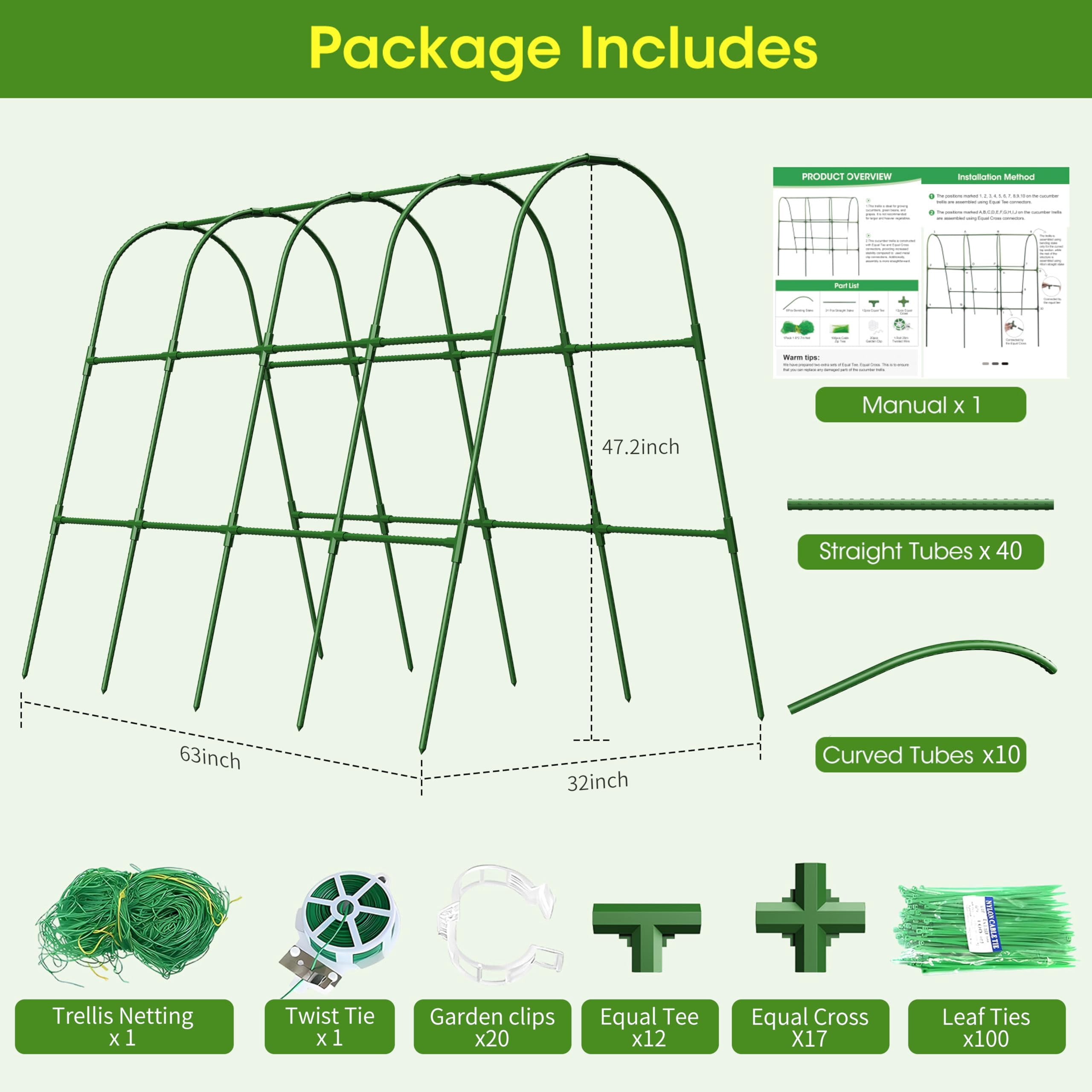 Cucumber Trellis for Raised Bed,U-Shape Garden Trellis for Climbing Plants Outdoor, Metal Arch Vegetables Trellis, Plant Support for Vine (Green, 63" Lx21.6 Wx47.2 H-Large)