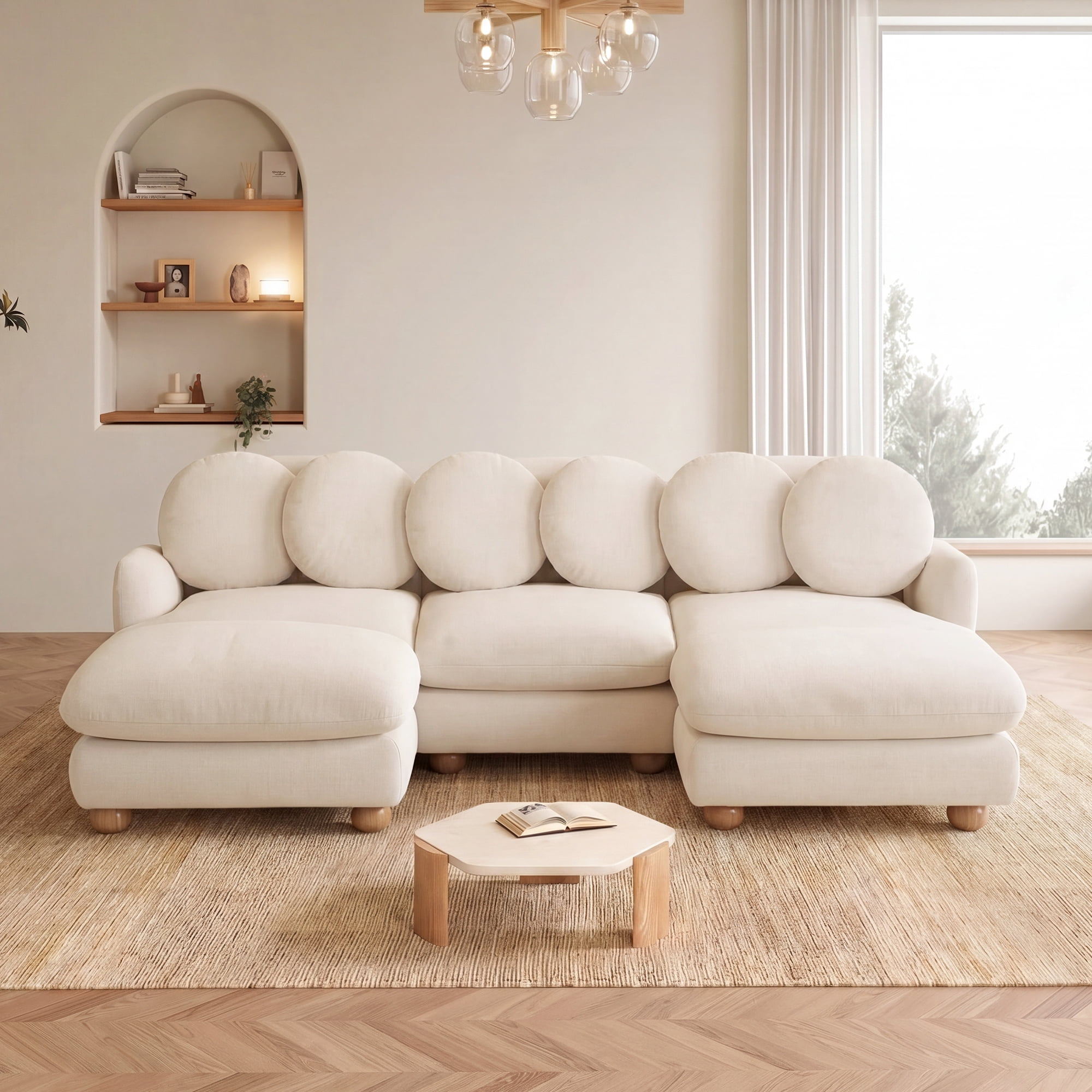 95" U-shaped 5 Seater Chenille Modular Sectional Sofa Couch with 6 Throw Pillows and 2 Ottoman