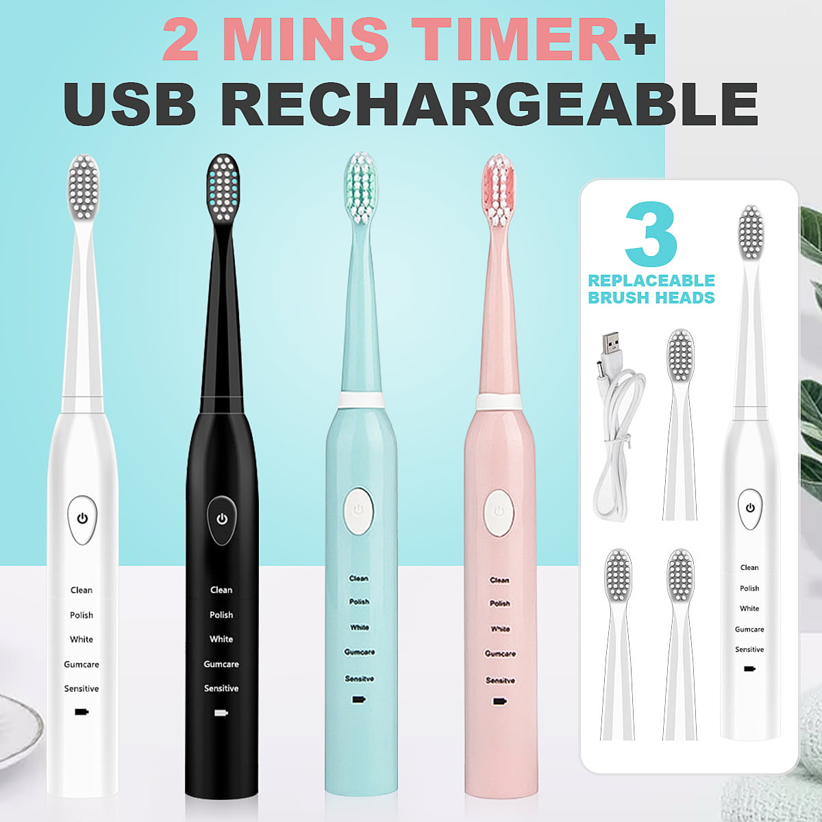 Ultrasonic Electric Toothbrush Rechargeable 5 Modes 2 Min Timer USB Charging 
