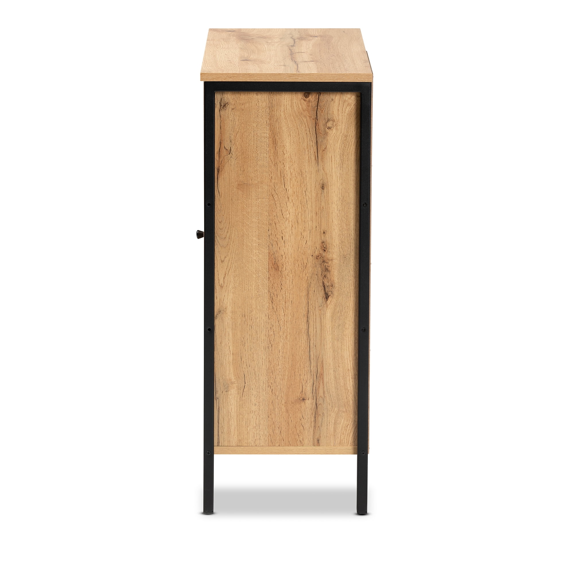 Baxton Studio Vander Modern and Contemporary Oak Brown Finished Wood and Black Finished Metal 1-Door Shoe Storage Cabinet