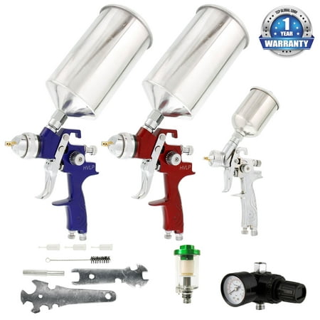TCP Global® Brand HVLP Spray Gun Set - 3 Sprayguns with Cups, Air Regulator & Maintenance Kit for all Auto