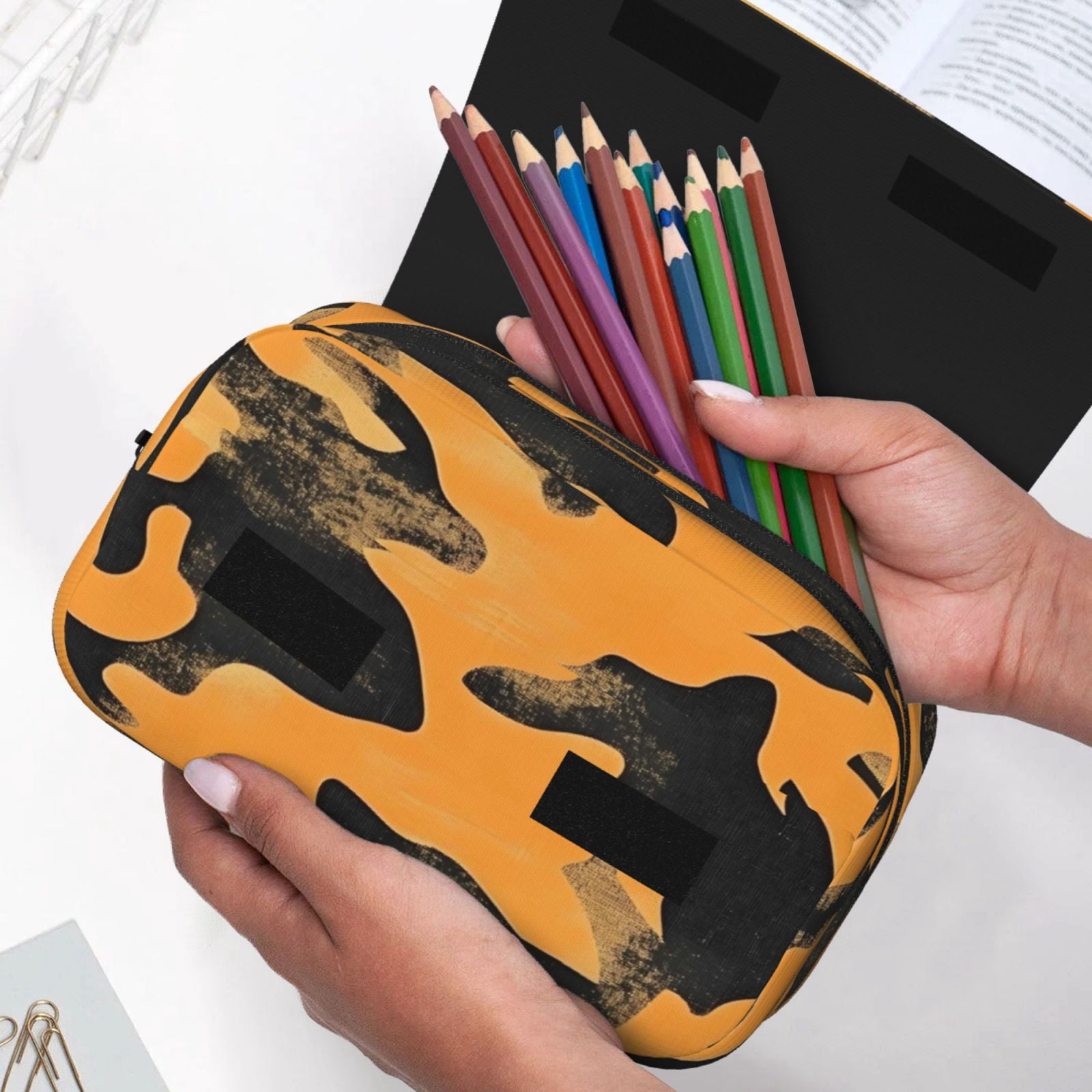 Large-Capacity Flip-Top Double-Layer Pencil Case, Multi-Functional Pocket Pen Case, Durable Stationery Organizer Texture Camo Army Orange_3