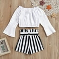 thumbnail image 4 of Odeerbi Toddler Two-piece Set Infant Girls Stripe Outfits Cropped Tops Flared Trousers Baby Clothes Ruffle Off Shoulder Tops Shorts Kids Outfits White, 4 of 9