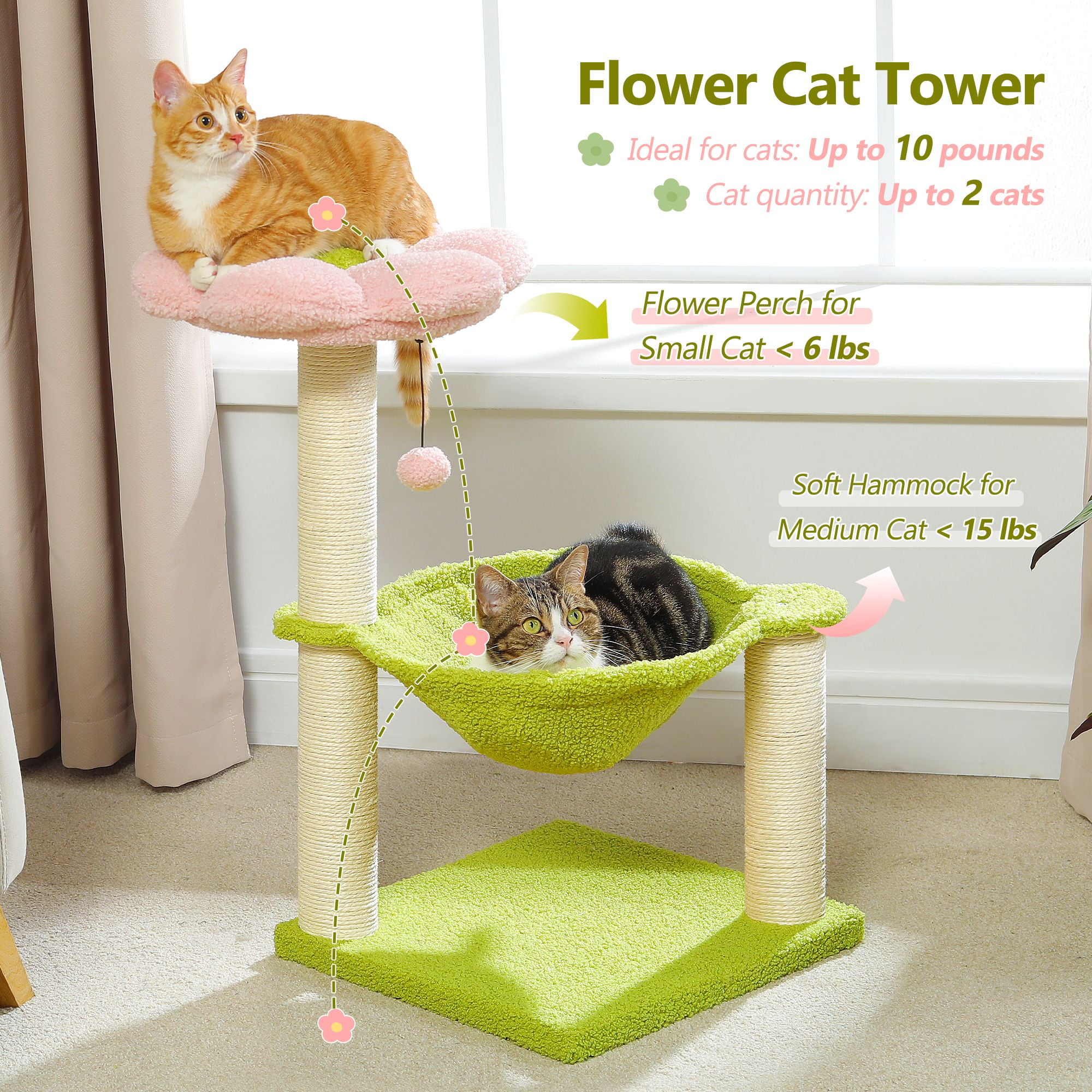 Kadyn 28" Flowers Cat Scratching Post for Indoor Cats, Cat Scratcher with Sisal Rope for Small & Medium Cats, Kittens Cat Tree, Multicolor