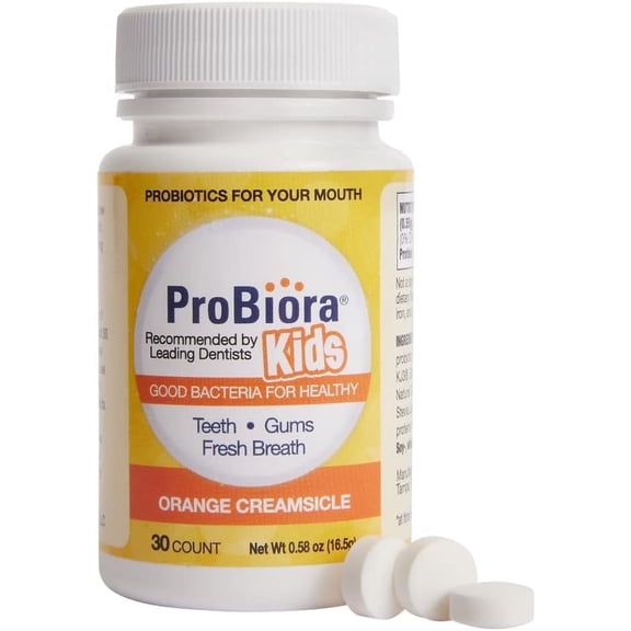 ProBiora Oral-Care Chewable Probiotic Tablets for Kids, Dental Probiotic, Probiotics for bad breath, Oral probiotic for kids, Oral health, Sugar-free Orange creamsicle flavor, 30 Tablets