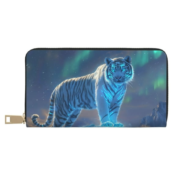 Leather Thin Slim Wallets for Women Men - Aurora White Tiger Standing Clutch Card Wallet for Women Men with Zipper