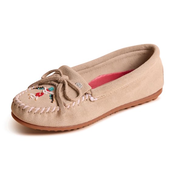 Minnetonka Women’s Thunderbird “Animikii” Hardsole – Moccasins for Women with a Classic Leather Moccasin Silhouette, Cushioned Footbed, and Beaded Moccasin Design, Stone, Size 6