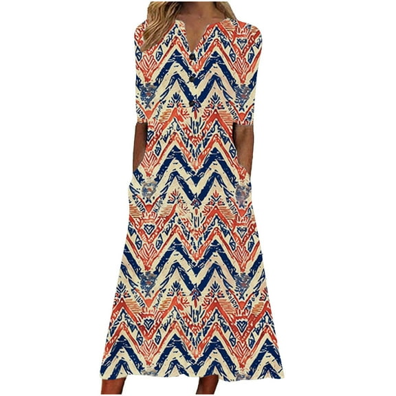 Women's Dresses Solid Color Loose Casual Printed Short Sleeved V-Neck Mid Calf Dress V-Neck Dress A-Multicolor