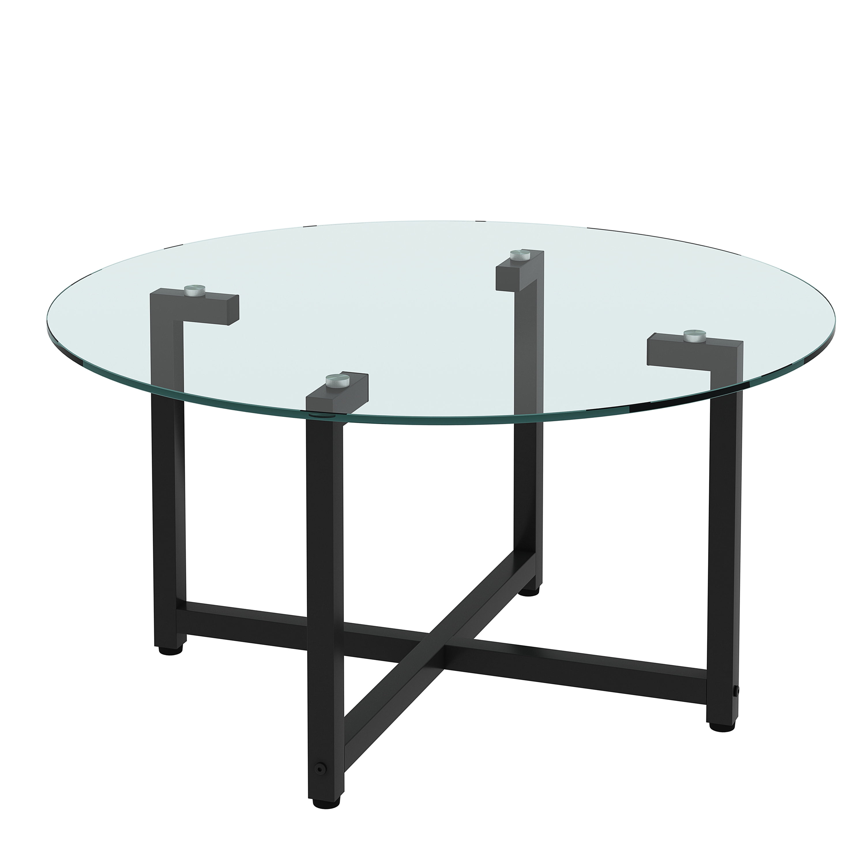 Round Transparent Glass+Black Leg Coffee Table, Clear Coffee Table