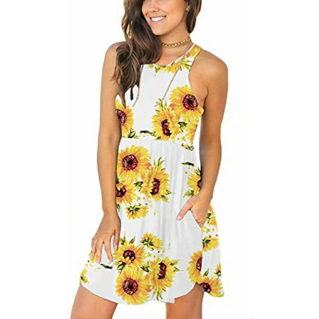 Robes d'Été Sans Manches Décontractées pour Femmes Robe Élastique avec Poches Tournesol sur Fond Blanc L