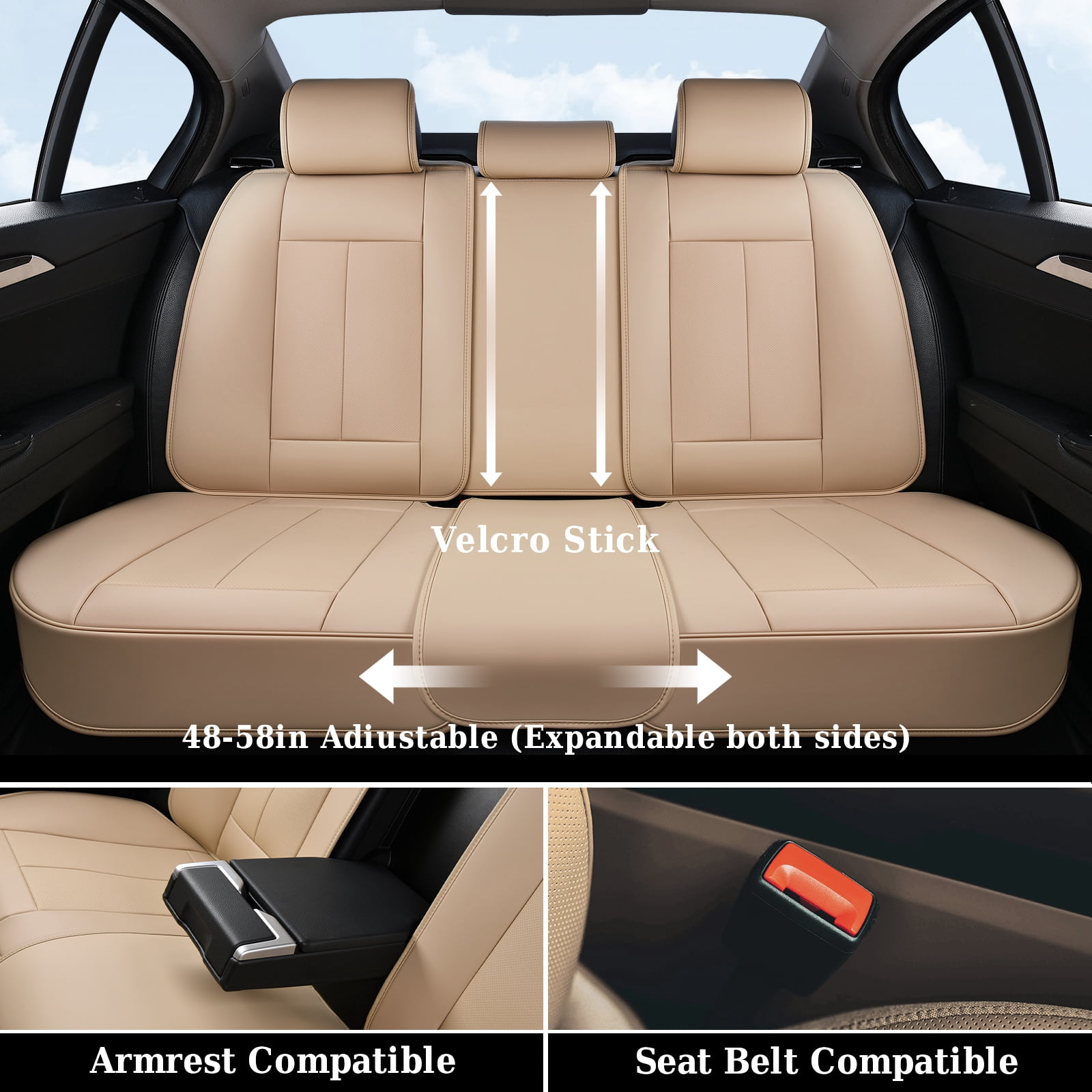 Coverado Car Seat Covers Full Set, Luxury Leather Front and Back Seat Protectors, Automotive Interior Cushions Universal Fit Most Cars, Beige