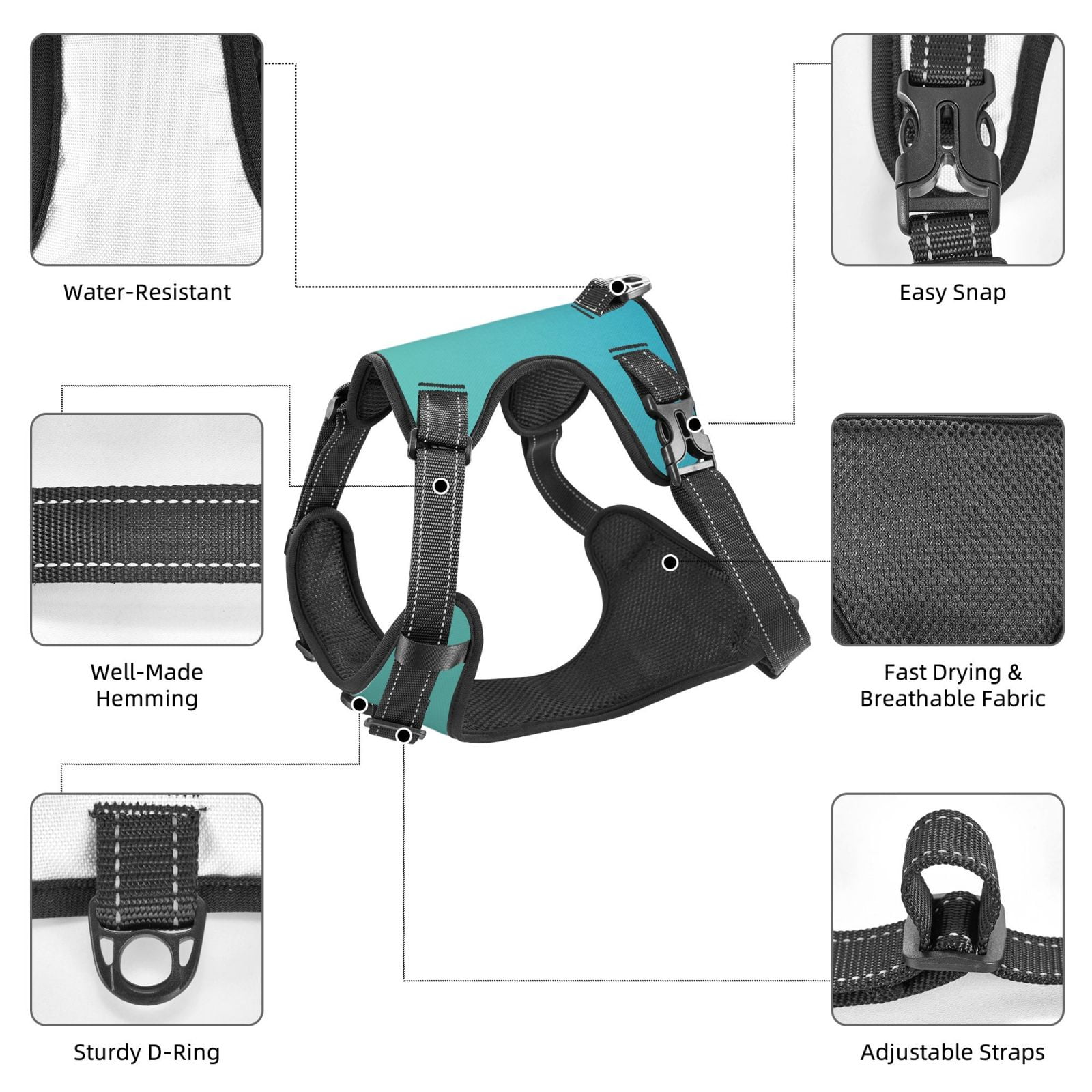 Vsdgher Teal Turquoise Pattern Dog Harness,No Pull Pet Harness with Soft Padded Handle,Adjustable Reflective Vest with 2 Buckles,4 Slide Buckles,S-XL