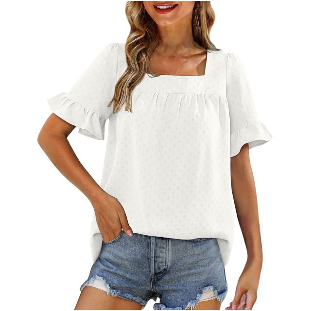 Blusas y blusas para mujer Elegantes camisas de verano con mangas con volantes y cuello cuadrado Blusas con lazo en la espalda OAVQHLG3B Store lin121212