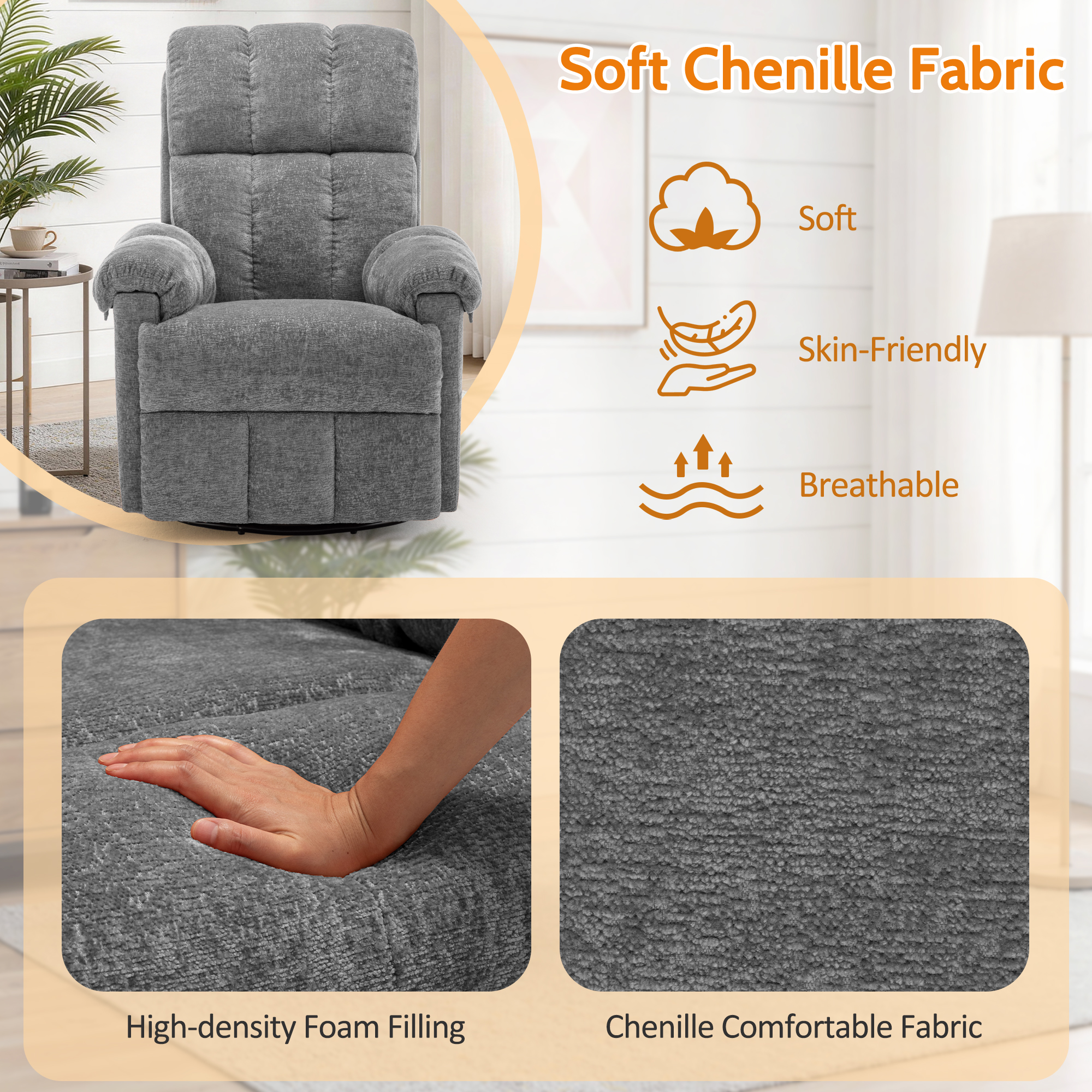 Korser Small Recliners for Small Spaces,Swivel Rocker Recliner Chair with Side Pockets for Living Room,Grey