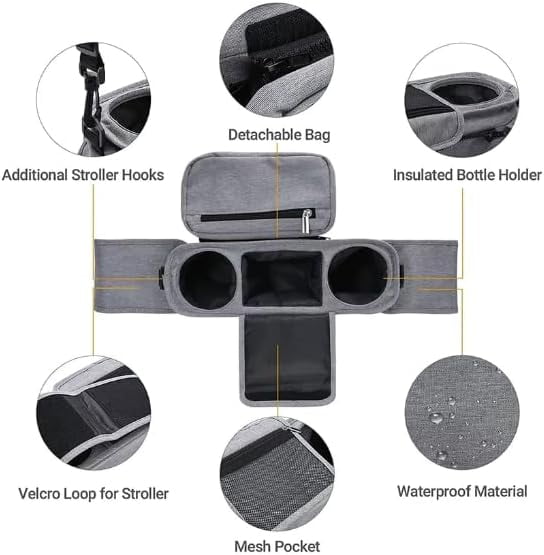 Universal Stroller Organizer with Insulated Cup Holder, Detachable Phone Bag, Shoulder Strap – Fits All Stroller Types, Keeps Drinks Hot/Cold