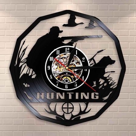 Amblelife Deer Hunter Hunting Gift Wall Clock Retro Vinyl Record Wall Clock Animals Trophy Award Men Rifle Aiming Decorative Clock Watch