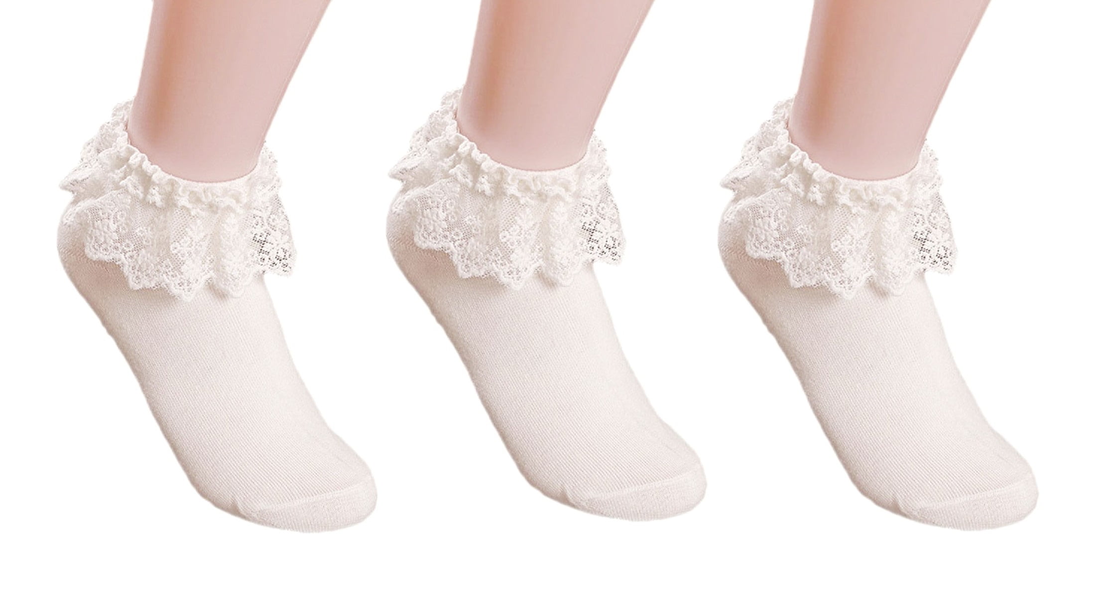 6 PAIR of GIRLS WHITE TURN OVER TOP ANKLE SOCKS Frilly Lace Trims 