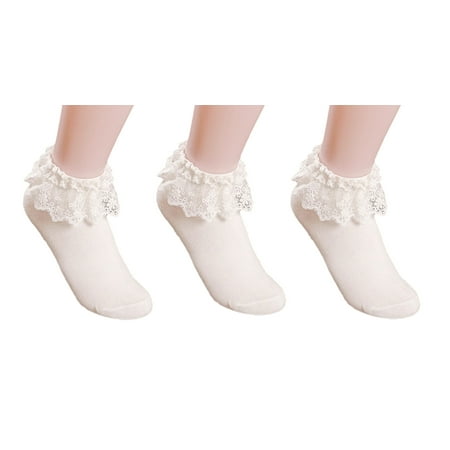 AM Landen Women's Snow White 3 pairs Lace Ruffle Frilly Cotton Socks Princess Socks Ankle Socks
