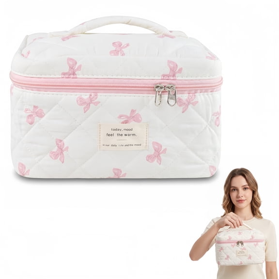 Cute Bow Makeup Bag Large Coquette Cosmetic Pouch Travel Aesthetic Quilted Toiletry Organizer for Women Girls, Waterproof Pink