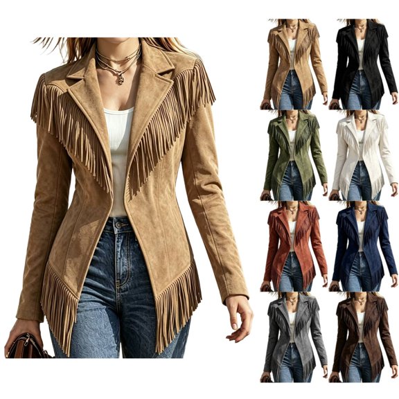 Women Suede Fringe Jacket Lapel Long Sleeve Open Front Western Coat with Tassel Trim Casual Slim Outerwear for Autumn