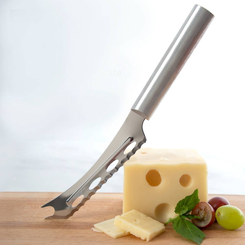 Rada Serrated Cheese Knife, Stainless Steel, Hand-Sharpened, 5.25 inch Forked Tip, Cutout Blade Knives, Aluminum Handle