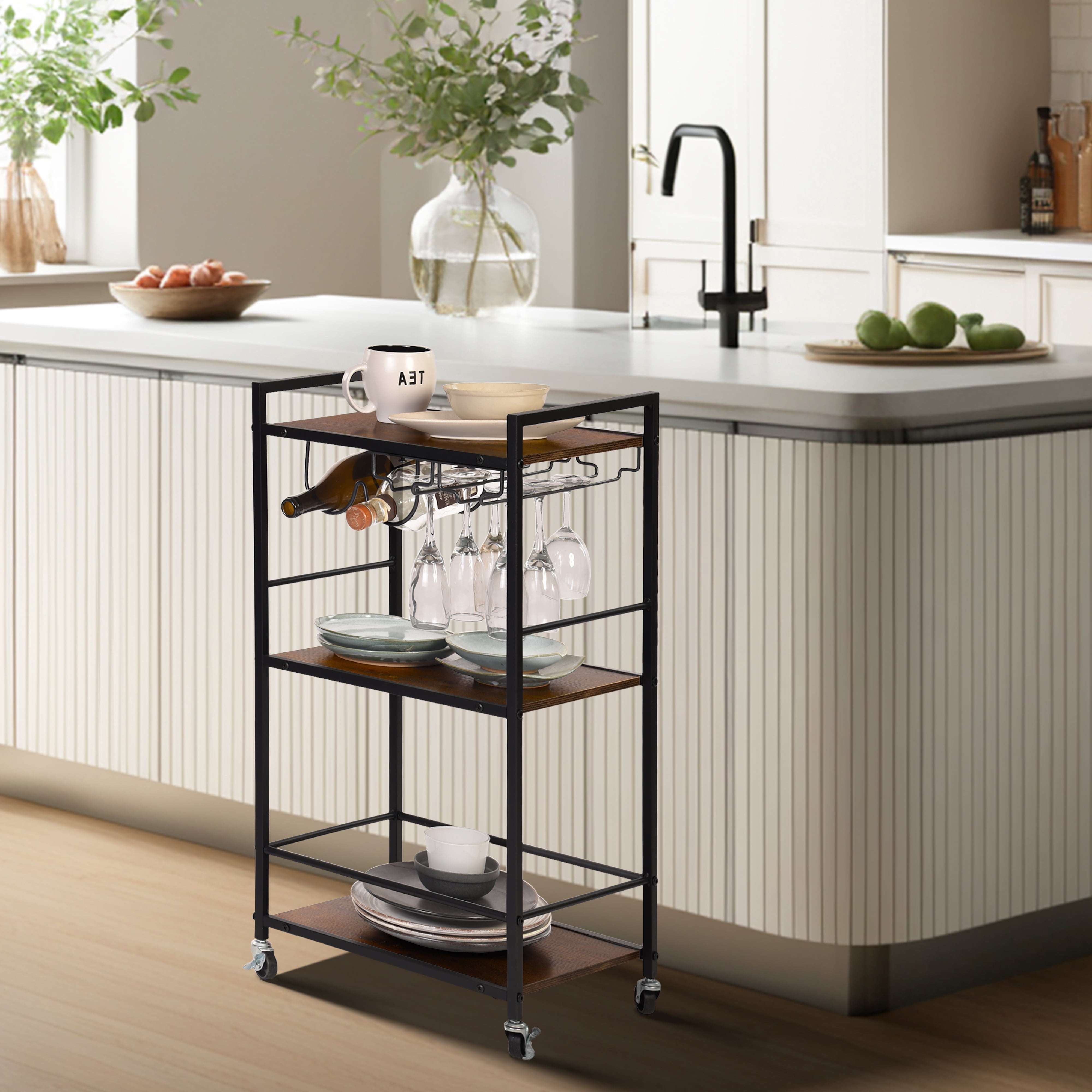 3-Tier Rolling Bar Cart with Wine Rack and Glass Holders, Serving Cart on Wheels, Metal Frame Beverage Cart for Kitchen, Dining Room, and Living Room