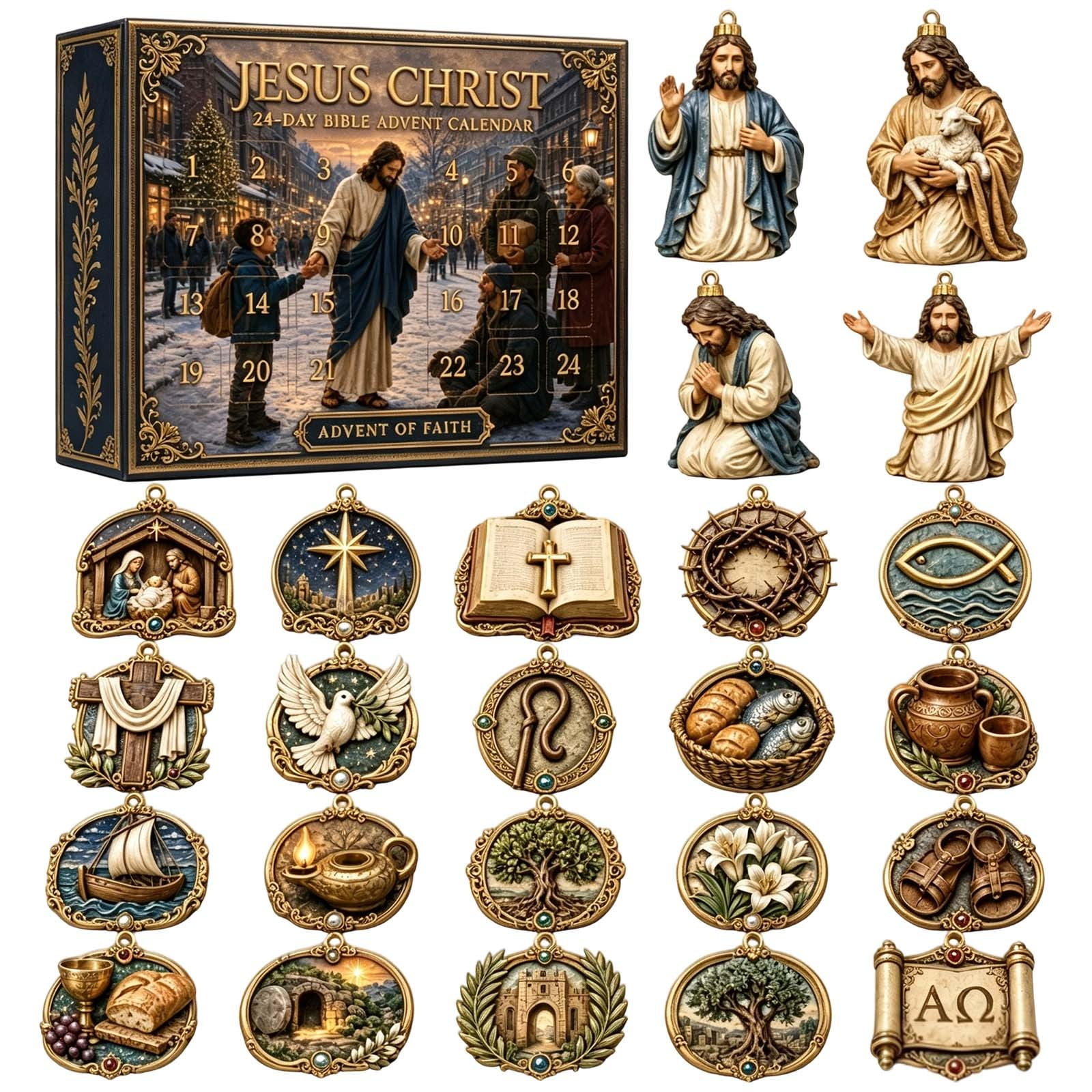 Christian Advent Calendar 24 Day Jesus Figurine Ornament Set for Christmas Holiday Faith Based Home Decor (9.06 x 7.09 x 1.18 Inch)