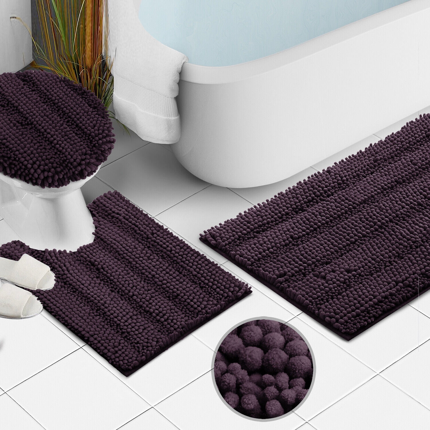 SAYFUT Chenille 3 PC Bath Mat Set Extra Soft Absorbent Medium Contour Toilet Lid Cover