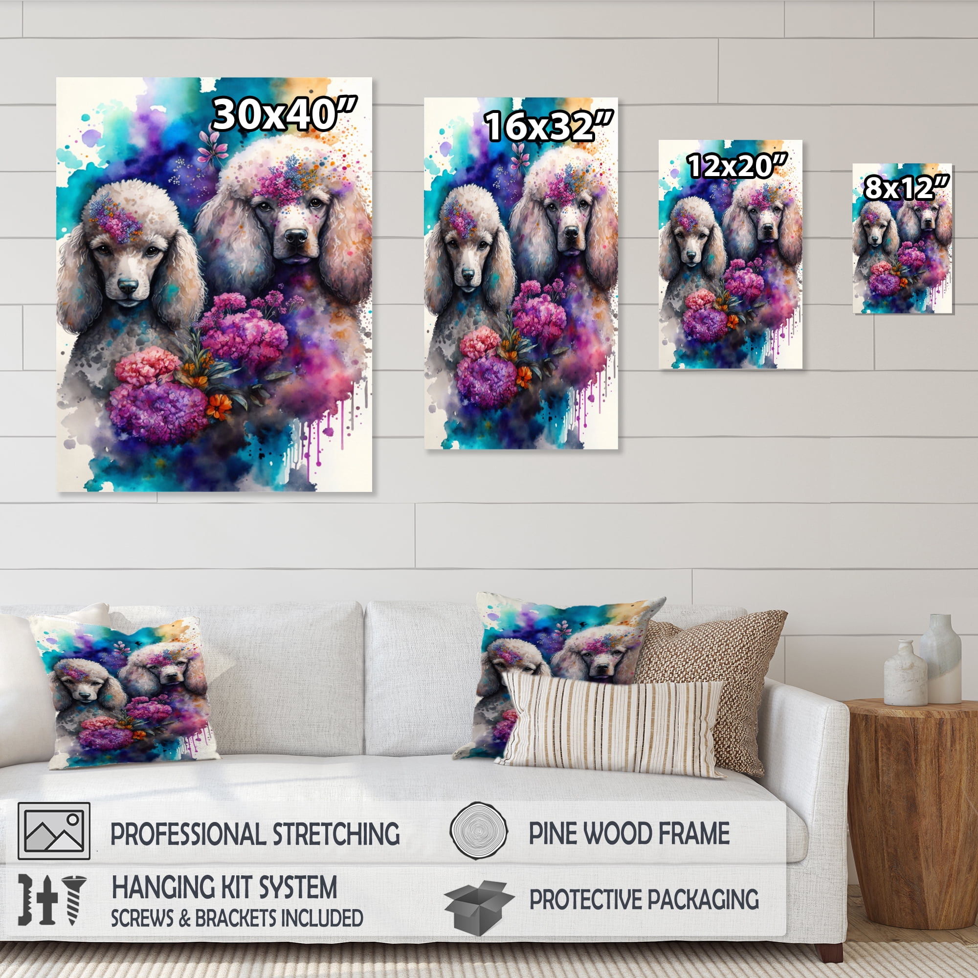 Designart Cute Poodles Dog Floral Art Canvas Wall Art