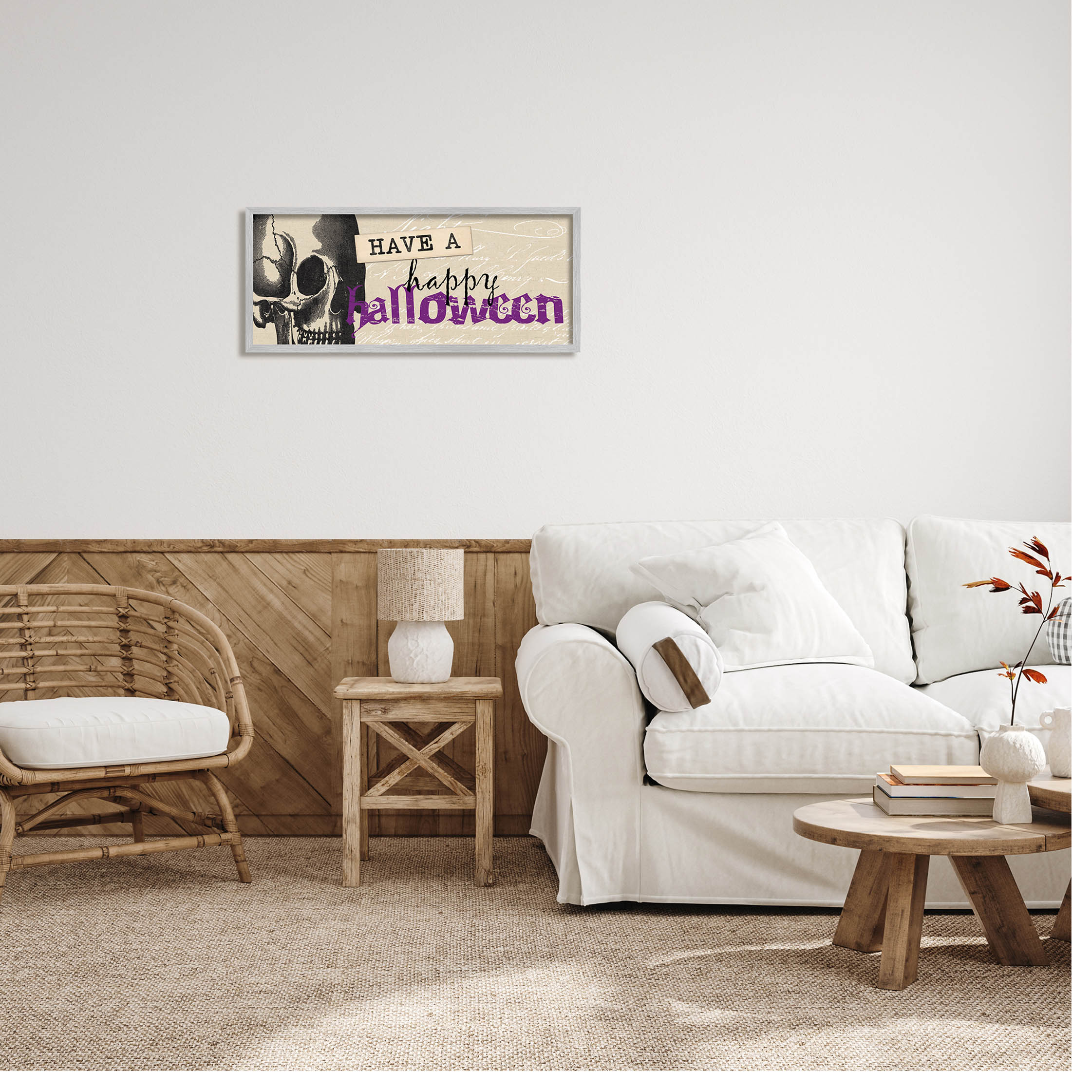 Stupell Industries Vintage Happy Halloween Skull Graphic Art Gray Framed Art Print Wall Art, Design by Dogwood Portfolio
